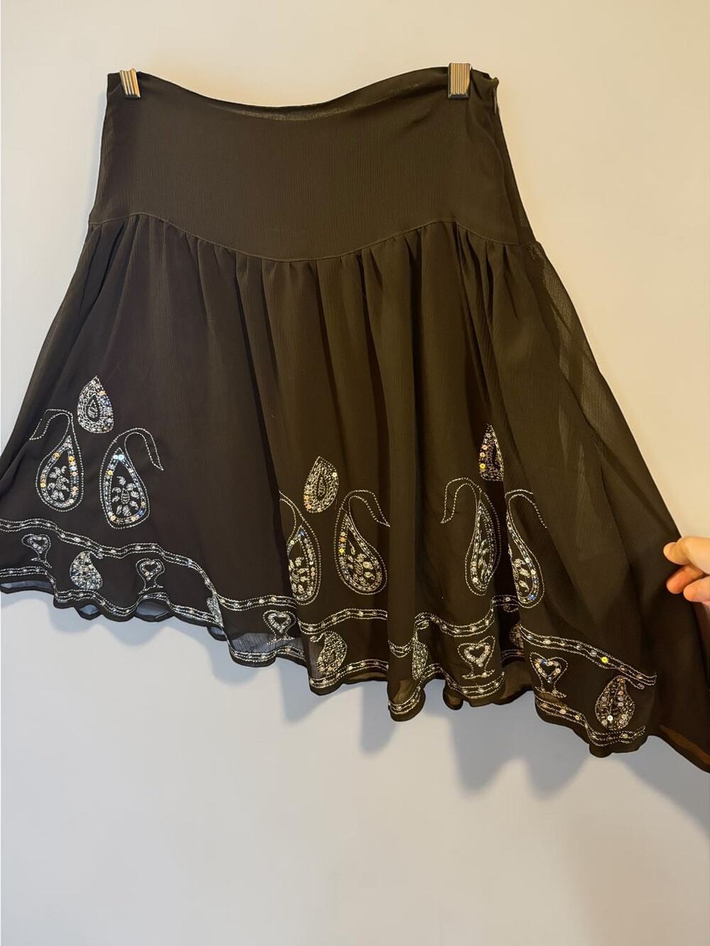 NWT Black Chiffon Skirt Sz S Silver Sequin Hem Border Sheer Gathered Flare Party